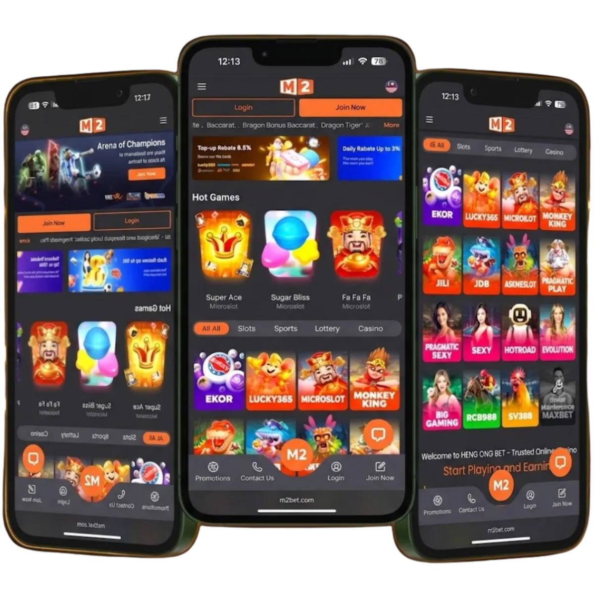 M2 Casino lobby shown on three smartphones